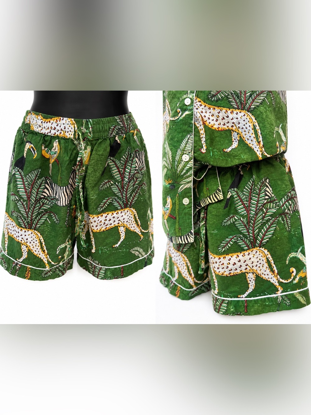 3 Piece Cotton Pajama Set Jungle Safari Animal Print Shirt Pants Shorts Small - Picture 10 of 10
